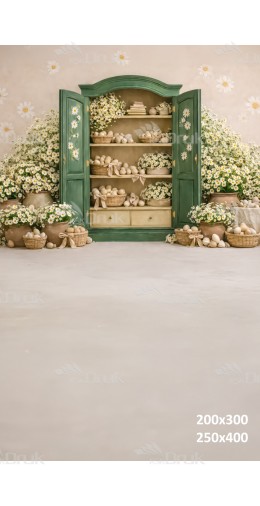 Tło fotograficzne „Zielona witryna z jajkami i rumiankami” | E846